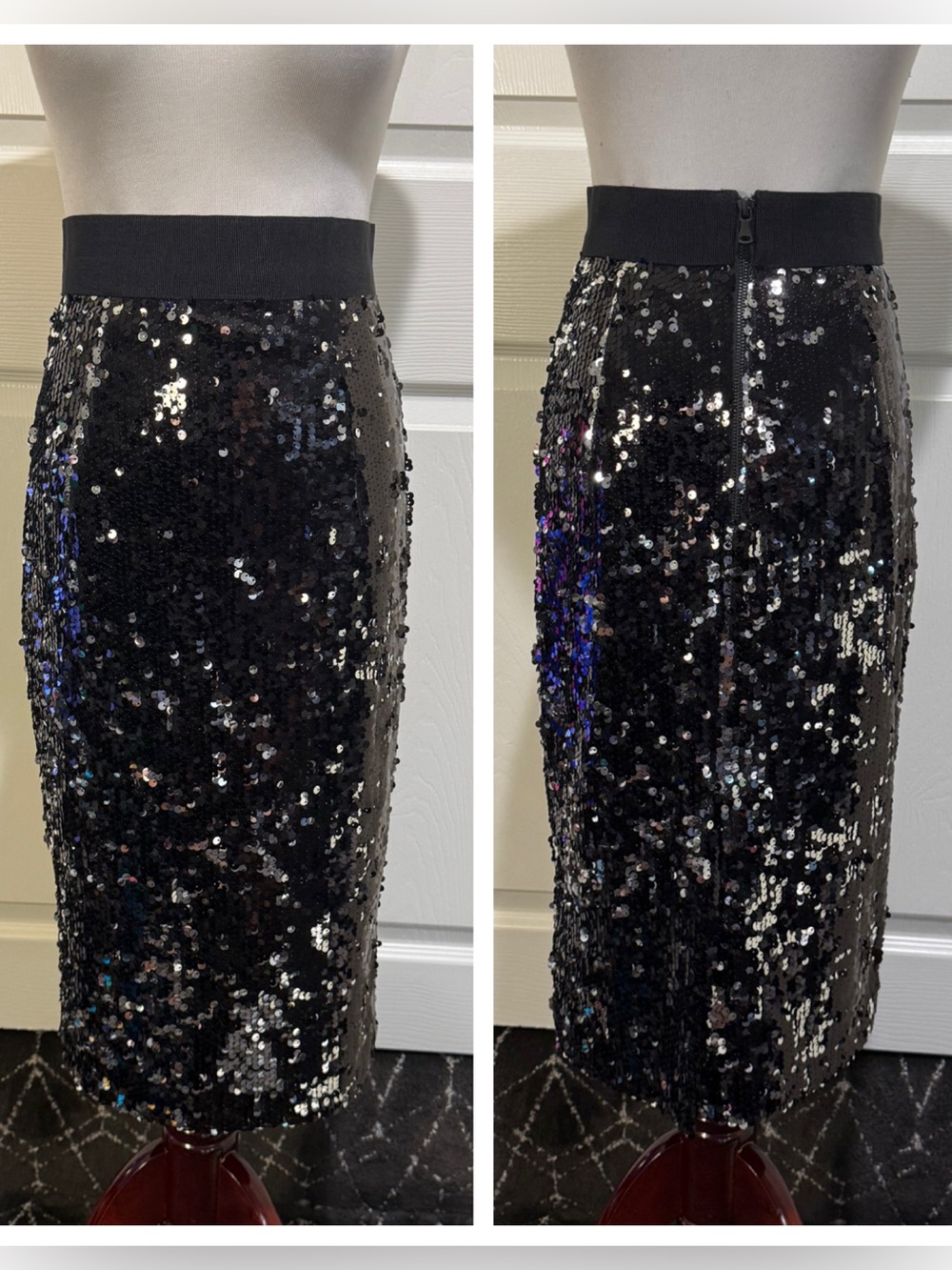 MILLY Black Sequin Midi Pencil Skirt Grosgrain Waistband